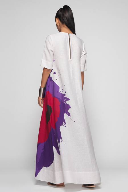 Shop_Payal Khandwala_White Linen Abstract Round Neck Flared Dress_Online_at_Aza_Fashions