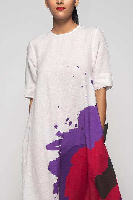 Payal Khandwala_White Linen Abstract Round Neck Flared Dress_at_Aza_Fashions