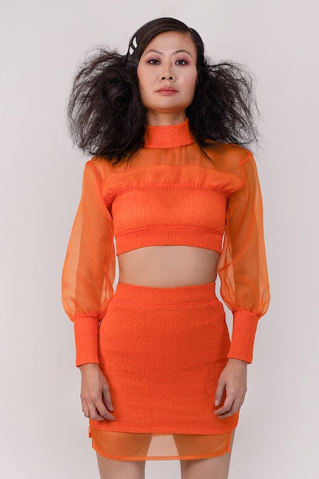 Surendri Orange Nylon High Neck Smocked Top And Skirt Set 