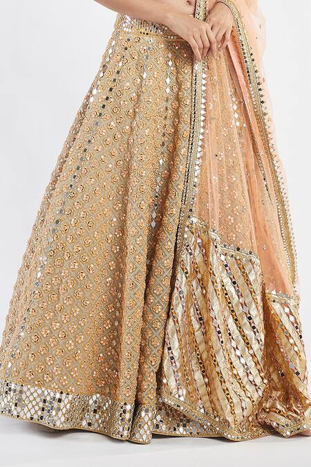 Buy_Abhinav Mishra_Beige Lehenga And Dupatta Net Blouse Raw Silk V Mirror Embellished Bridal Set_Online_at_Aza_Fashions