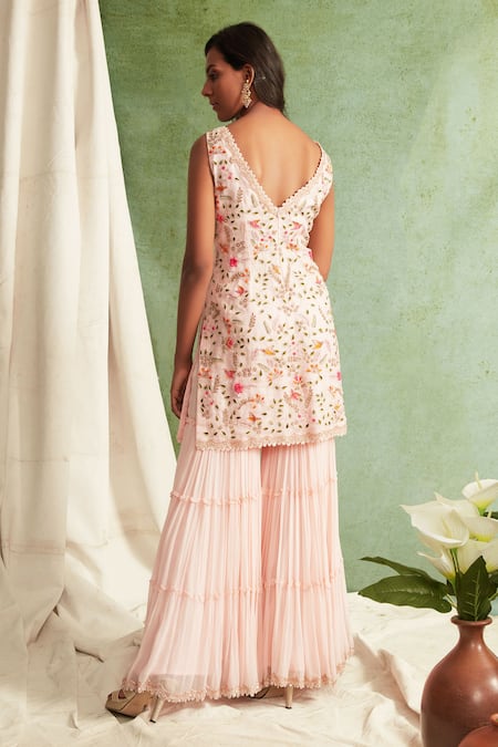 Shop Priyanka Jain Pink Dupatta Organza Georgette V Neck Embroidered Kurta Sharara Set at Aza Fashions Shop_Priyanka Jain_Pink Dupatta Organza Georgette V Neck Embroidered Kurta Sharara Set _at_Aza_Fashions