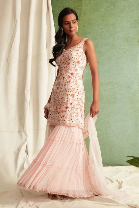 Priyanka Jain Pink Dupatta Organza Georgette V Neck Embroidered Kurta Sharara Set Online at Aza Fashions Priyanka Jain_Pink Dupatta Organza Georgette V Neck Embroidered Kurta Sharara Set _Online_at_Aza_Fashions