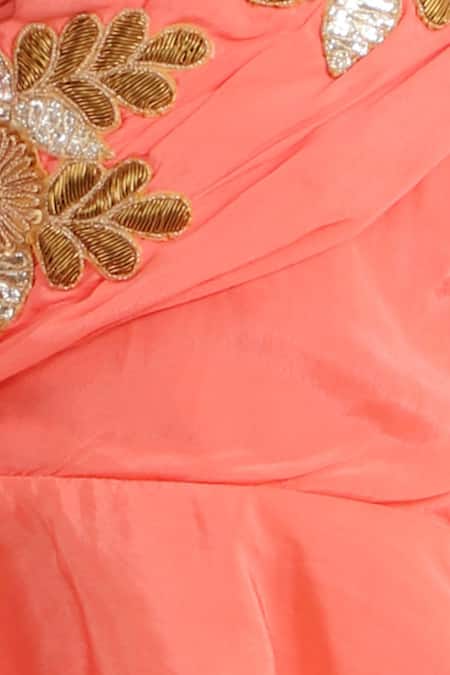 Shop_Lil Angels_Peach Crepe, Muslin Embroidery One Shoulder Printed Lehenga Set _Online_at_Aza_Fashions