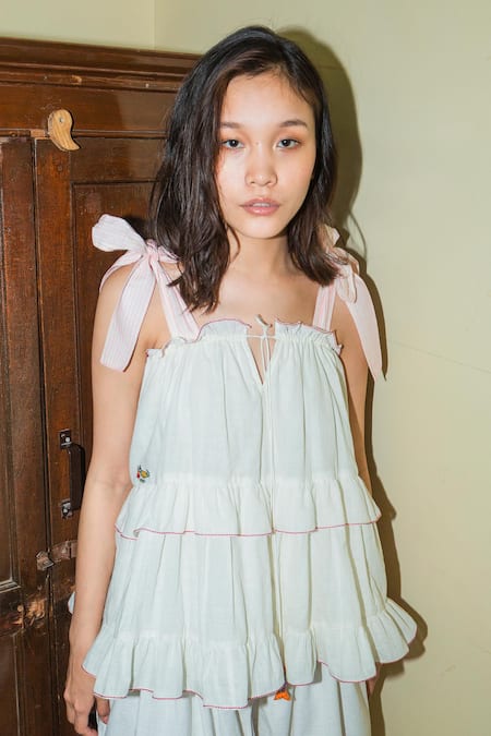 Nikasha White Cotton Square Neck Ruffle Cami Top