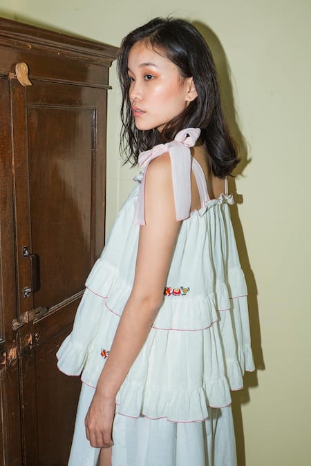 Shop Nikasha White Cotton Square Neck Ruffle Cami Top at Aza Fashions Shop_Nikasha_White Cotton Square Neck Ruffle Cami Top _at_Aza_Fashions