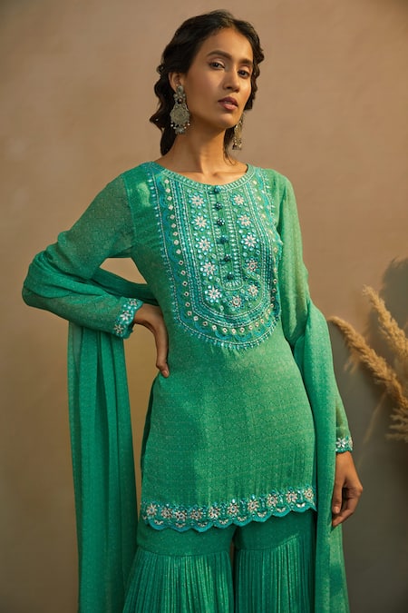 Buy_Aneesh Agarwaal_Green Georgette Block Print, Mirror And Thread Round Kurta Sharara Set _Online_at_Aza_Fashions