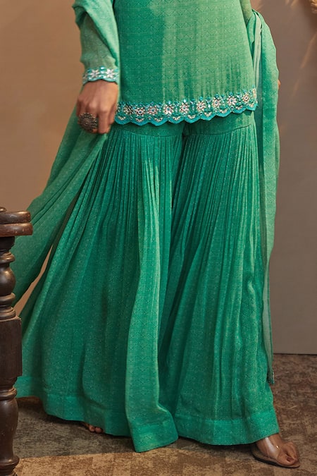 Shop_Aneesh Agarwaal_Green Georgette Block Print, Mirror And Thread Round Kurta Sharara Set _Online_at_Aza_Fashions