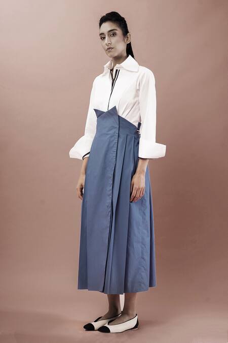 Chillosophy Blue Poplin Straight Collar Pleated Midi Dress Online at Aza Fashions Chillosophy_Blue Poplin Straight Collar Pleated Midi Dress_Online_at_Aza_Fashions