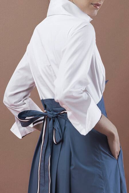 Buy Chillosophy Blue Poplin Straight Collar Pleated Midi Dress Online at Aza Fashions Buy_Chillosophy_Blue Poplin Straight Collar Pleated Midi Dress_Online_at_Aza_Fashions