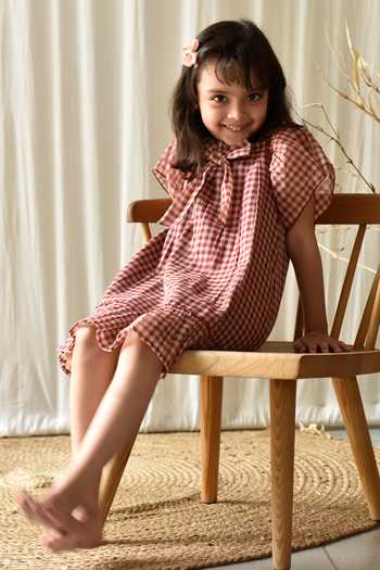 Kharakapas_Red 100% Cotton Checkered Cherry Flared Dress_Online_at_Aza_Fashions