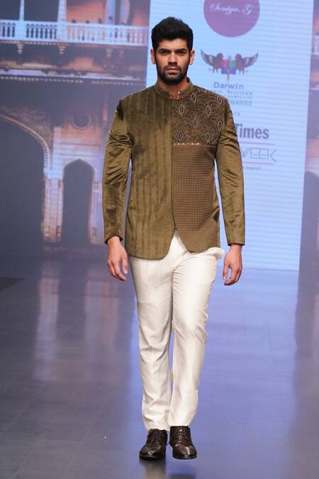 Shop Soniya G Green Velvet Thread, Metal And Leather Embroidered Jodhpuri & Trouser Set at Aza Fashions Shop_Soniya G_Green Velvet Thread, Metal And Leather Embroidered Jodhpuri & Trouser Set_at_Aza_Fashions