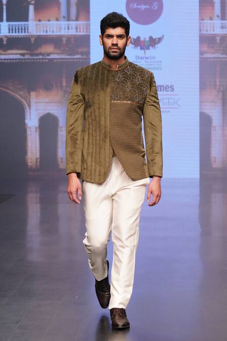 Soniya G Green Velvet Thread, Metal And Leather Embroidered Jodhpuri & Trouser Set Online at Aza Fashions Soniya G_Green Velvet Thread, Metal And Leather Embroidered Jodhpuri & Trouser Set_Online_at_Aza_Fashions