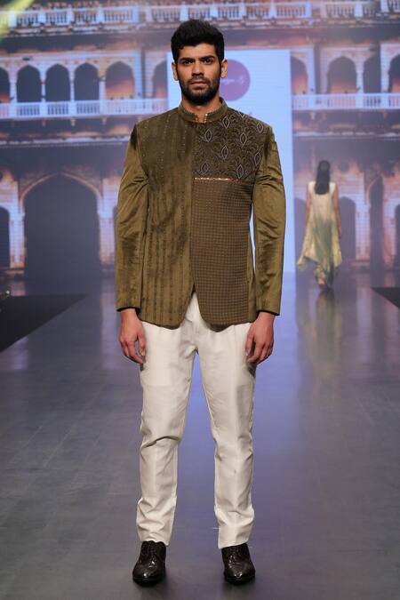 Shop Soniya G Green Velvet Thread, Metal And Leather Embroidered Jodhpuri & Trouser Set Online at Aza Fashions Shop_Soniya G_Green Velvet Thread, Metal And Leather Embroidered Jodhpuri & Trouser Set_Online_at_Aza_Fashions