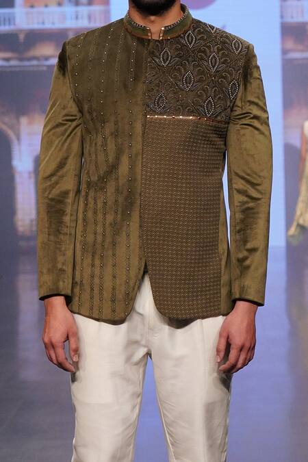 Soniya G Green Velvet Thread, Metal And Leather Embroidered Jodhpuri & Trouser Set at Aza Fashions Soniya G_Green Velvet Thread, Metal And Leather Embroidered Jodhpuri & Trouser Set_at_Aza_Fashions