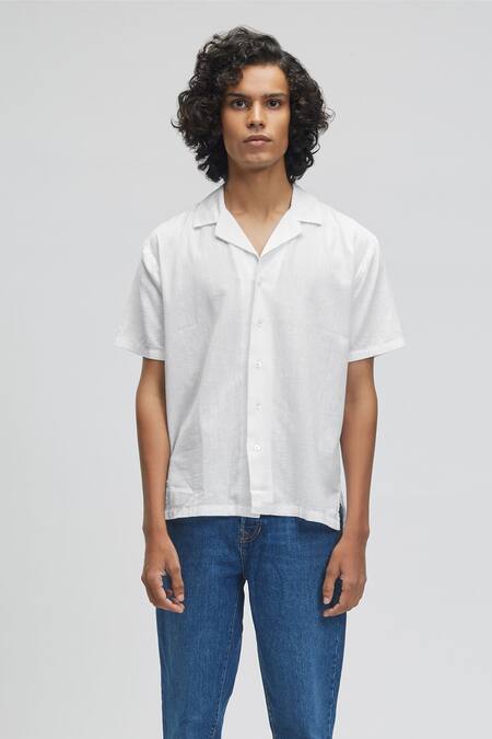 Terra Luna White 100% Organic Handloom Cotton Palawan Camp Collar Shirt Online at Aza Fashions Terra Luna_White 100% Organic Handloom Cotton Palawan Camp Collar Shirt _Online_at_Aza_Fashions