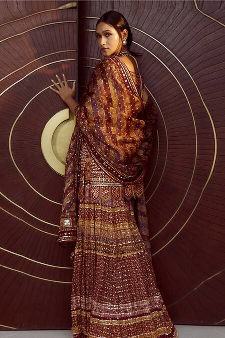 Tarun Tahiliani_Maroon Dupatta- Silk Organza, Kurta-silk Crepe, Sharara- Off Shoulder Kurta Set_Online_at_Aza_Fashions