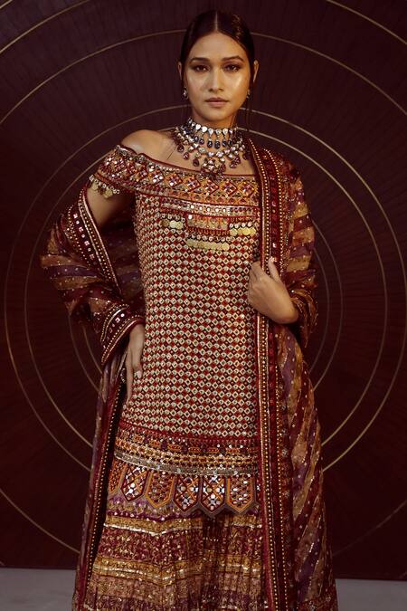 Buy_Tarun Tahiliani_Maroon Dupatta- Silk Organza, Kurta-silk Crepe, Sharara- Off Shoulder Kurta Set_Online_at_Aza_Fashions
