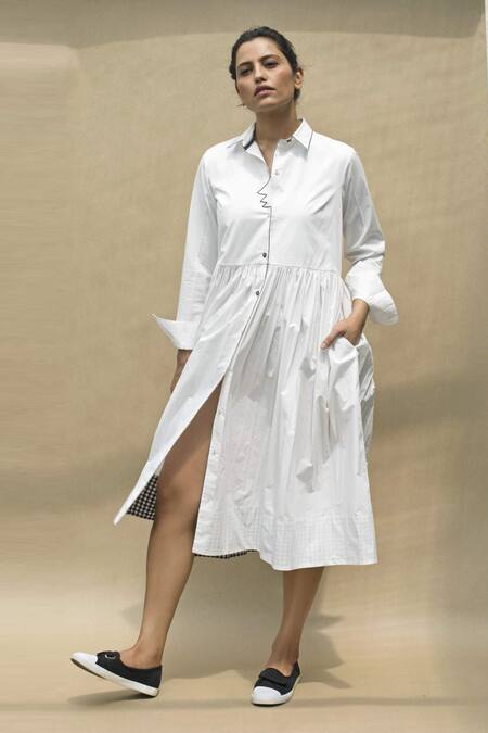 Chillosophy White Cotton Poplin Shirt Collar Flared Midi Dress Online at Aza Fashions Chillosophy_White Cotton Poplin Shirt Collar Flared Midi Dress _Online_at_Aza_Fashions