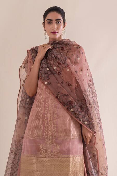 Ekaya Banaras_Pink Silk Handwoven Gharara Set  _Online_at_Aza_Fashions