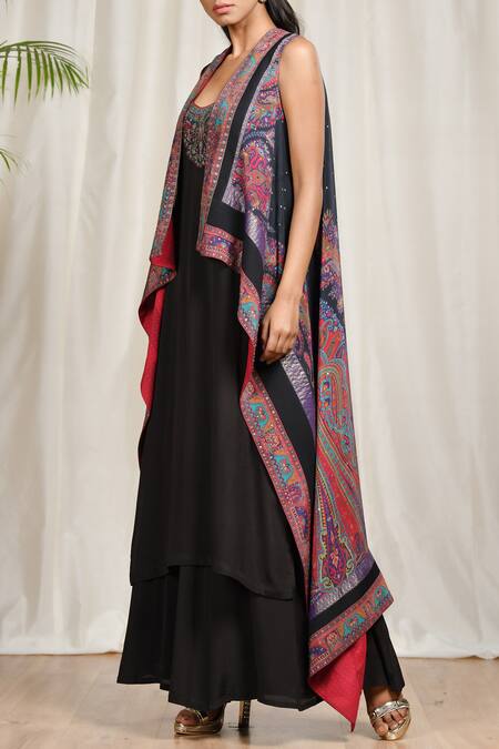 RI.Ritu Kumar_Black Rayon Crepe Round Printed Cape Palazzo Set _Online_at_Aza_Fashions