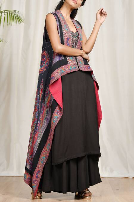 Shop_RI.Ritu Kumar_Black Rayon Crepe Round Printed Cape Palazzo Set _Online_at_Aza_Fashions