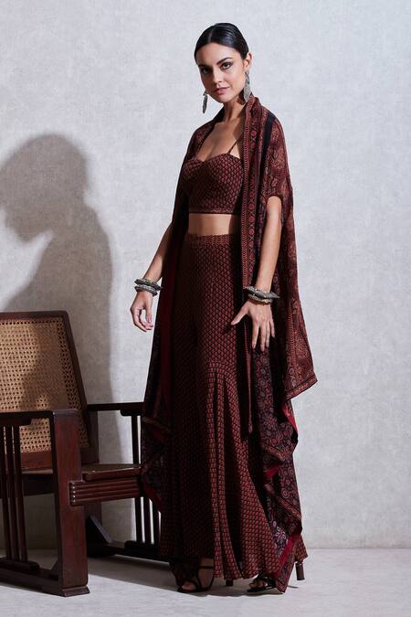 Buy Ritu Kumar Black Rayon Sweetheart Neck Printed Cape And Pant Set Online at Aza Fashions Buy_Ritu Kumar_Black Rayon Sweetheart Neck Printed Cape And Pant Set_Online_at_Aza_Fashions