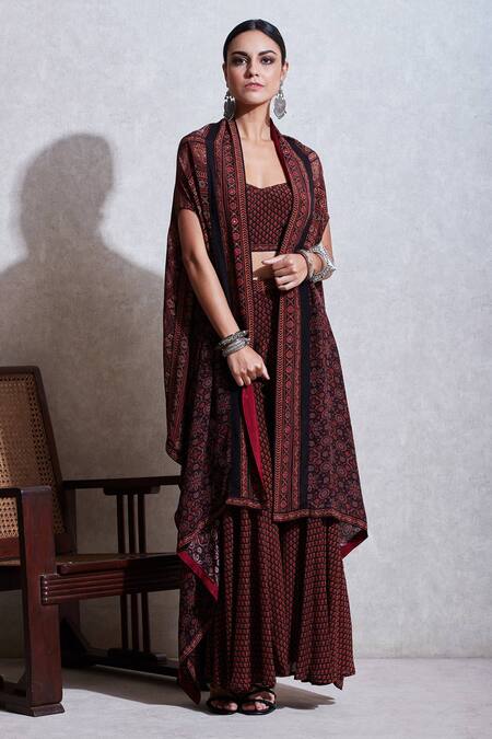 Shop Ritu Kumar Black Rayon Sweetheart Neck Printed Cape And Pant Set Online at Aza Fashions Shop_Ritu Kumar_Black Rayon Sweetheart Neck Printed Cape And Pant Set_Online_at_Aza_Fashions
