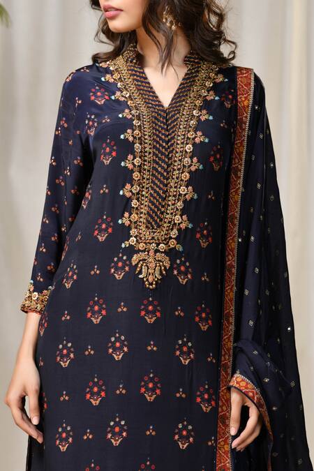 RI.Ritu Kumar_Blue Rayon Crepe Mandarin Collar Embroidered Kurta Palazzo Set _at_Aza_Fashions