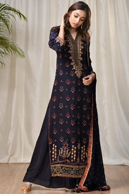 Buy_RI.Ritu Kumar_Blue Rayon Crepe Mandarin Collar Embroidered Kurta Palazzo Set _Online_at_Aza_Fashions