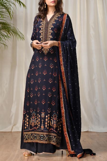 Shop_RI.Ritu Kumar_Blue Rayon Crepe Mandarin Collar Embroidered Kurta Palazzo Set _Online_at_Aza_Fashions