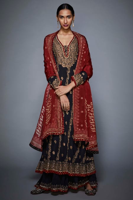Buy_RI.Ritu Kumar_Black Silk Chanderi V Neck Kurta Palazzo Set _Online_at_Aza_Fashions