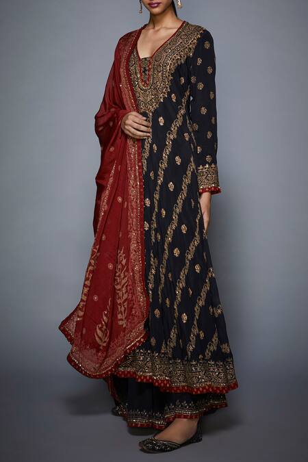 Shop_RI.Ritu Kumar_Black Silk Chanderi V Neck Kurta Palazzo Set _Online_at_Aza_Fashions