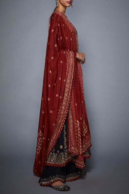 RI.Ritu Kumar_Black Silk Chanderi V Neck Kurta Palazzo Set _Online_at_Aza_Fashions