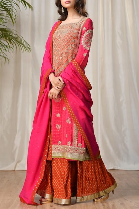 RI.Ritu Kumar_Fuchsia Silk Crepe Square Neck Embroidered Kurta Palazzo Set _Online_at_Aza_Fashions