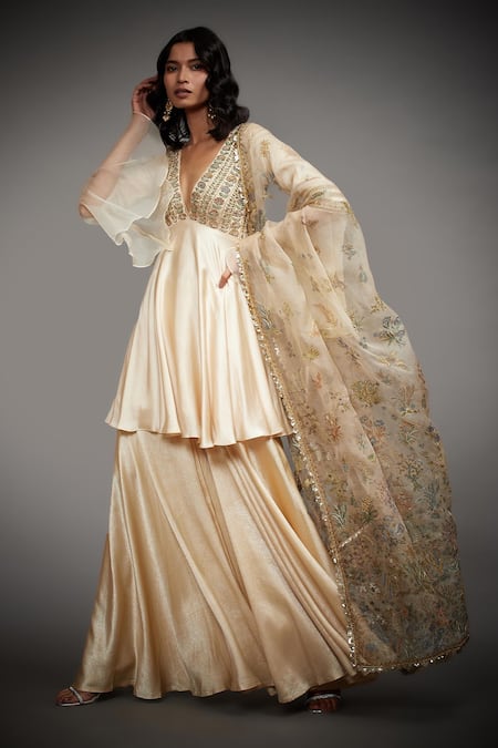 RI.Ritu Kumar_White Silk Lining 100% Viscose V Neck Peplum Kurta Gharara Set _Online_at_Aza_Fashions