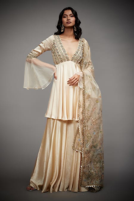 Buy_RI.Ritu Kumar_White Silk Lining 100% Viscose V Neck Peplum Kurta Gharara Set _Online_at_Aza_Fashions