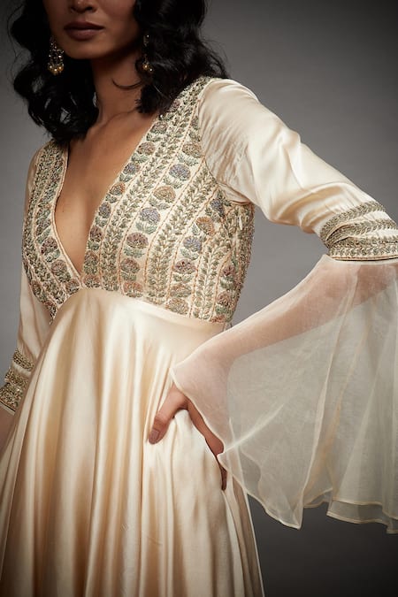 Shop_RI.Ritu Kumar_White Silk Lining 100% Viscose V Neck Peplum Kurta Gharara Set _Online_at_Aza_Fashions
