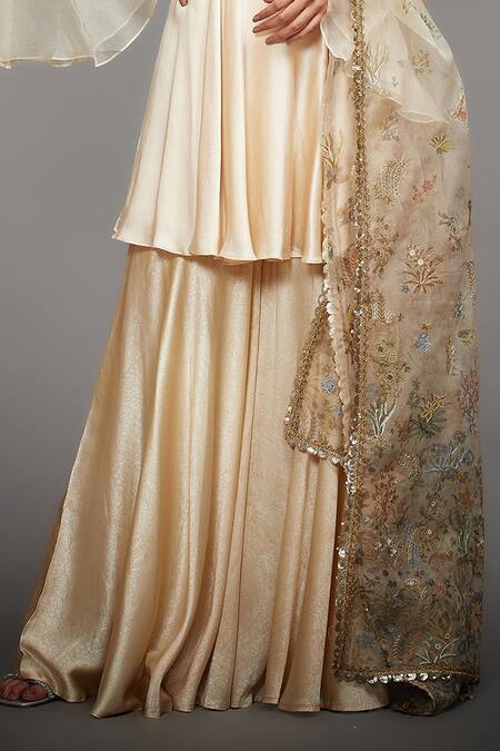 RI.Ritu Kumar_White Silk Lining 100% Viscose V Neck Peplum Kurta Gharara Set _at_Aza_Fashions