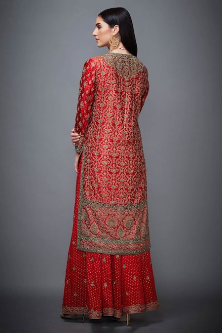 Shop RI.Ritu Kumar Red Silk, Satin V Neck Embroidered Kurta Set at Aza Fashions Shop_RI.Ritu Kumar_Red Silk, Satin V Neck Embroidered Kurta Set _at_Aza_Fashions