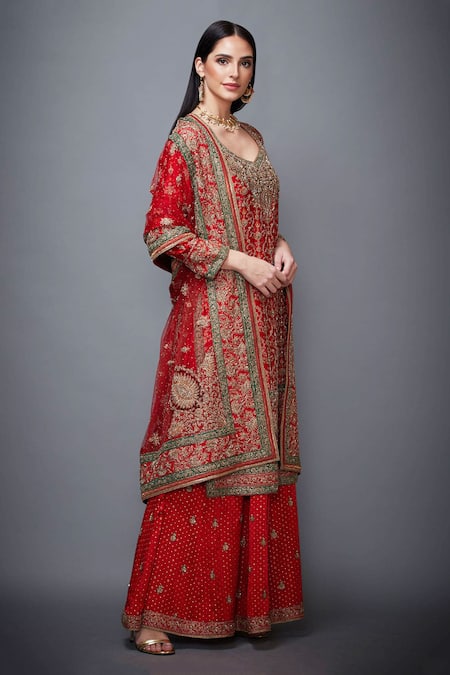 RI.Ritu Kumar Red Silk, Satin V Neck Embroidered Kurta Set Online at Aza Fashions RI.Ritu Kumar_Red Silk, Satin V Neck Embroidered Kurta Set _Online_at_Aza_Fashions