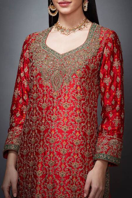 RI.Ritu Kumar Red Silk, Satin V Neck Embroidered Kurta Set at Aza Fashions RI.Ritu Kumar_Red Silk, Satin V Neck Embroidered Kurta Set _at_Aza_Fashions