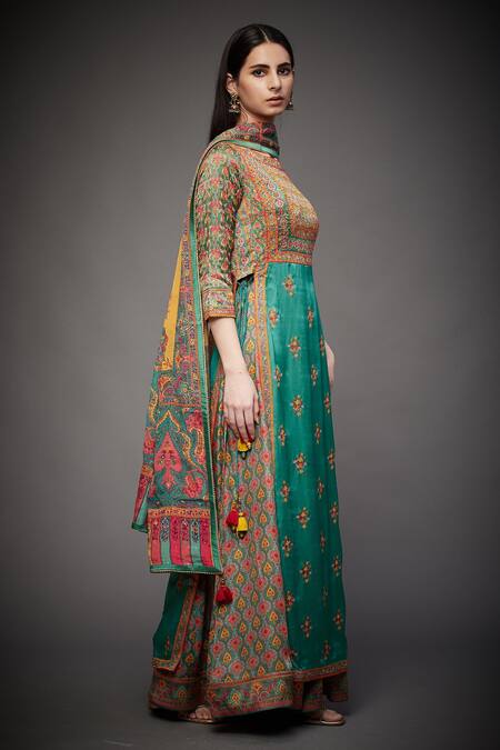 RI.Ritu Kumar_Green Kurta Silk Lining And Palazzo Viscose Dupatta Embroidered Set _Online_at_Aza_Fashions