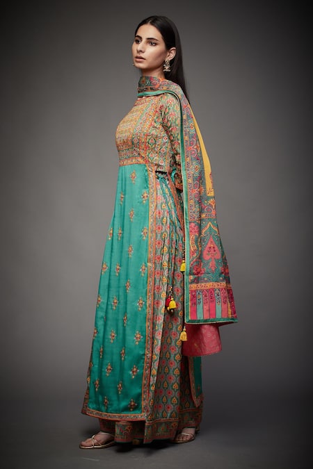 Buy_RI.Ritu Kumar_Green Kurta Silk Lining And Palazzo Viscose Dupatta Embroidered Set _Online_at_Aza_Fashions