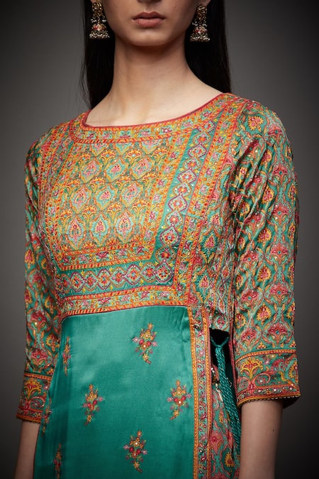 Shop_RI.Ritu Kumar_Green Kurta Silk Lining And Palazzo Viscose Dupatta Embroidered Set _Online_at_Aza_Fashions