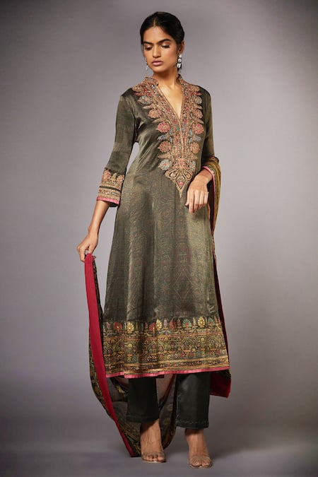 RI.Ritu Kumar Green Silk Satin Band Collar Printed Kurta Set 