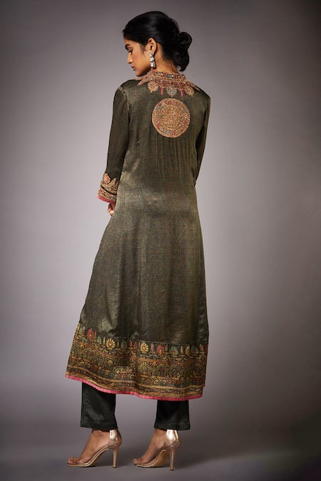 Shop RI.Ritu Kumar Green Silk Satin Band Collar Printed Kurta Set at Aza Fashions Shop_RI.Ritu Kumar_Green Silk Satin Band Collar Printed Kurta Set _at_Aza_Fashions