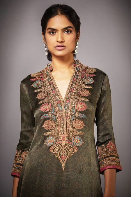 Shop RI.Ritu Kumar Green Silk Satin Band Collar Printed Kurta Set Online at Aza Fashions Shop_RI.Ritu Kumar_Green Silk Satin Band Collar Printed Kurta Set _Online_at_Aza_Fashions