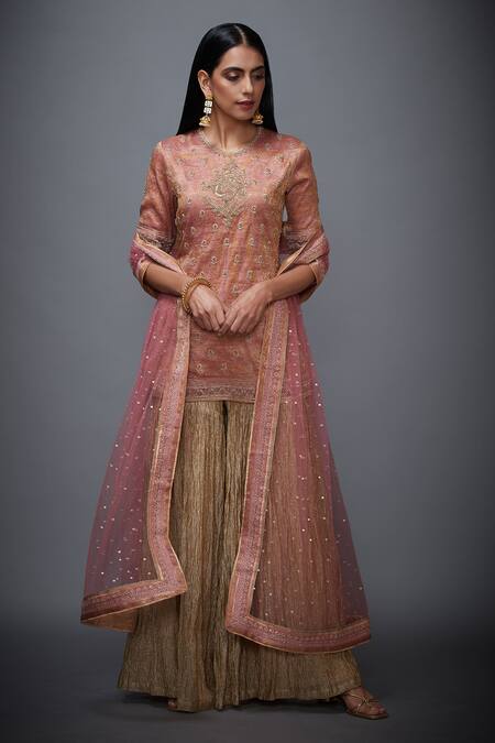 RI.Ritu Kumar Pink Silk Zari Brocade Round Embroidered Kurta And Gharara Set Online at Aza Fashions RI.Ritu Kumar_Pink Silk Zari Brocade Round Embroidered Kurta And Gharara Set_Online_at_Aza_Fashions