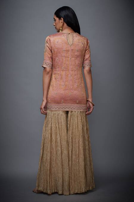 Shop RI.Ritu Kumar Pink Silk Zari Brocade Round Embroidered Kurta And Gharara Set at Aza Fashions Shop_RI.Ritu Kumar_Pink Silk Zari Brocade Round Embroidered Kurta And Gharara Set_at_Aza_Fashions