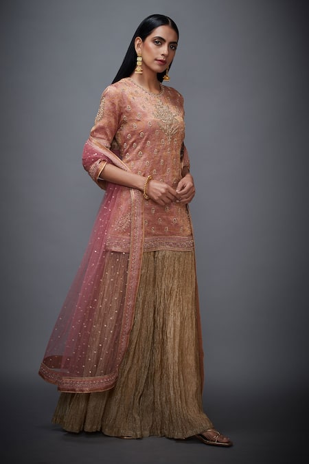 RI.Ritu Kumar Pink Silk Zari Brocade Round Embroidered Kurta And Gharara Set 